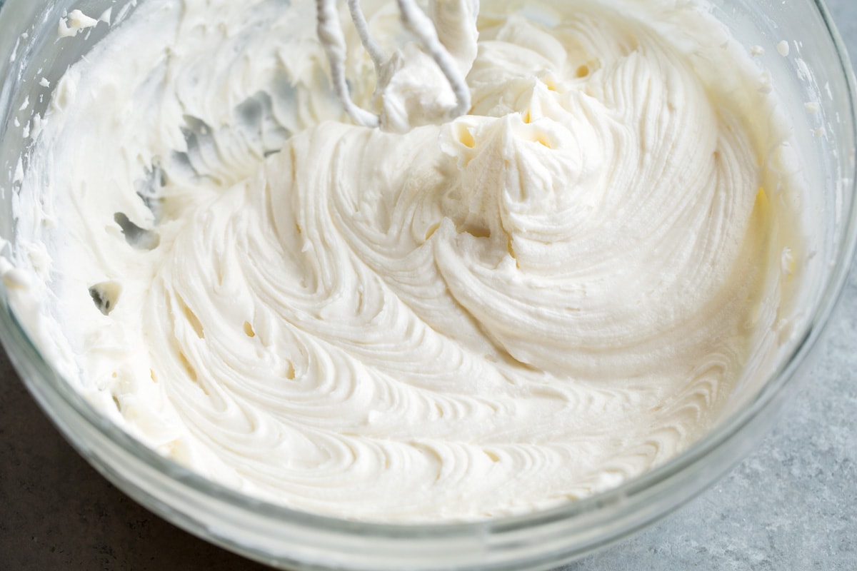 Cream Cheese Frosting Finished cream cheese frosting in mixing bowl.