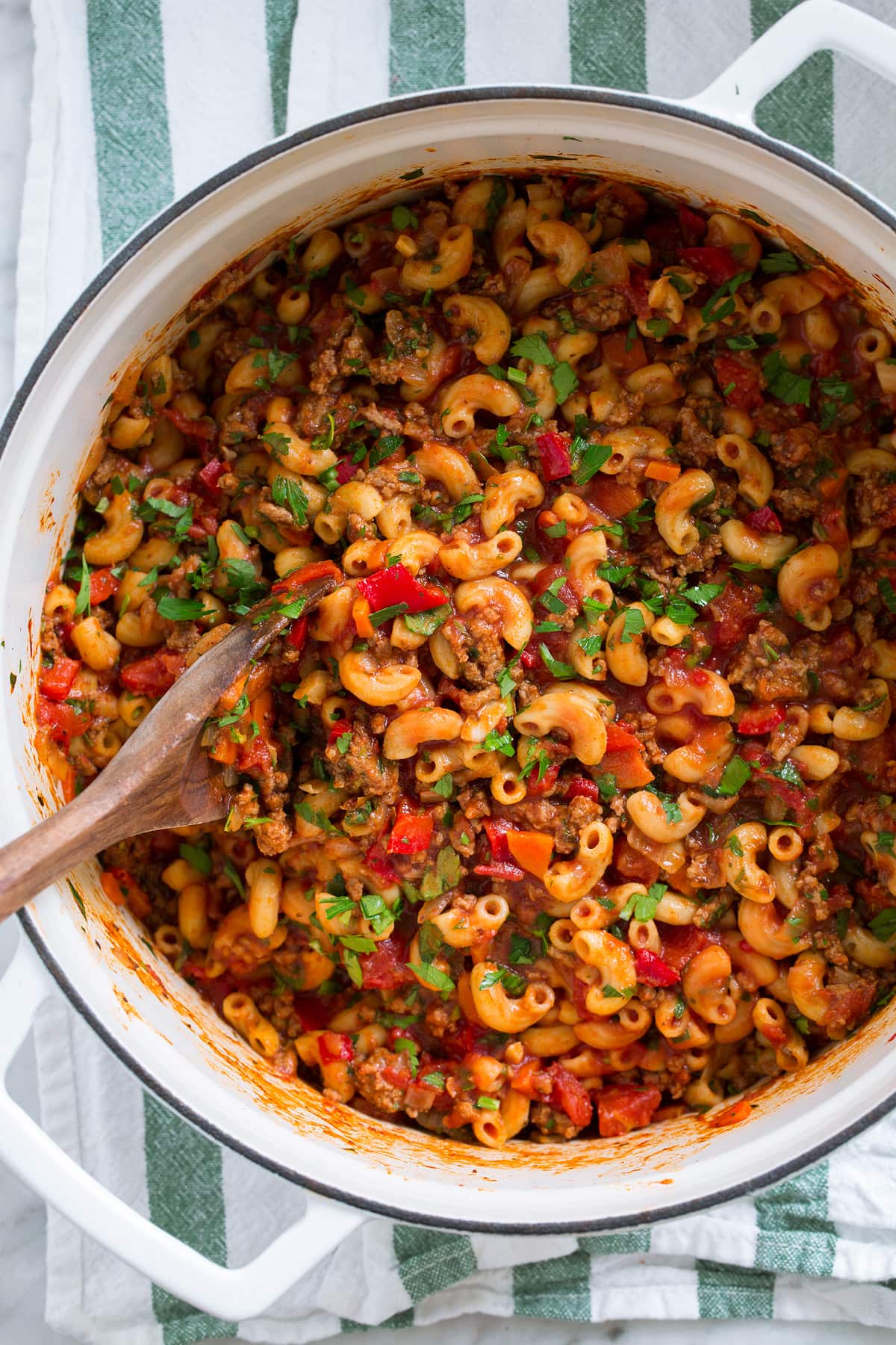 Goulash Overhead image of beef goulash in a large pot.