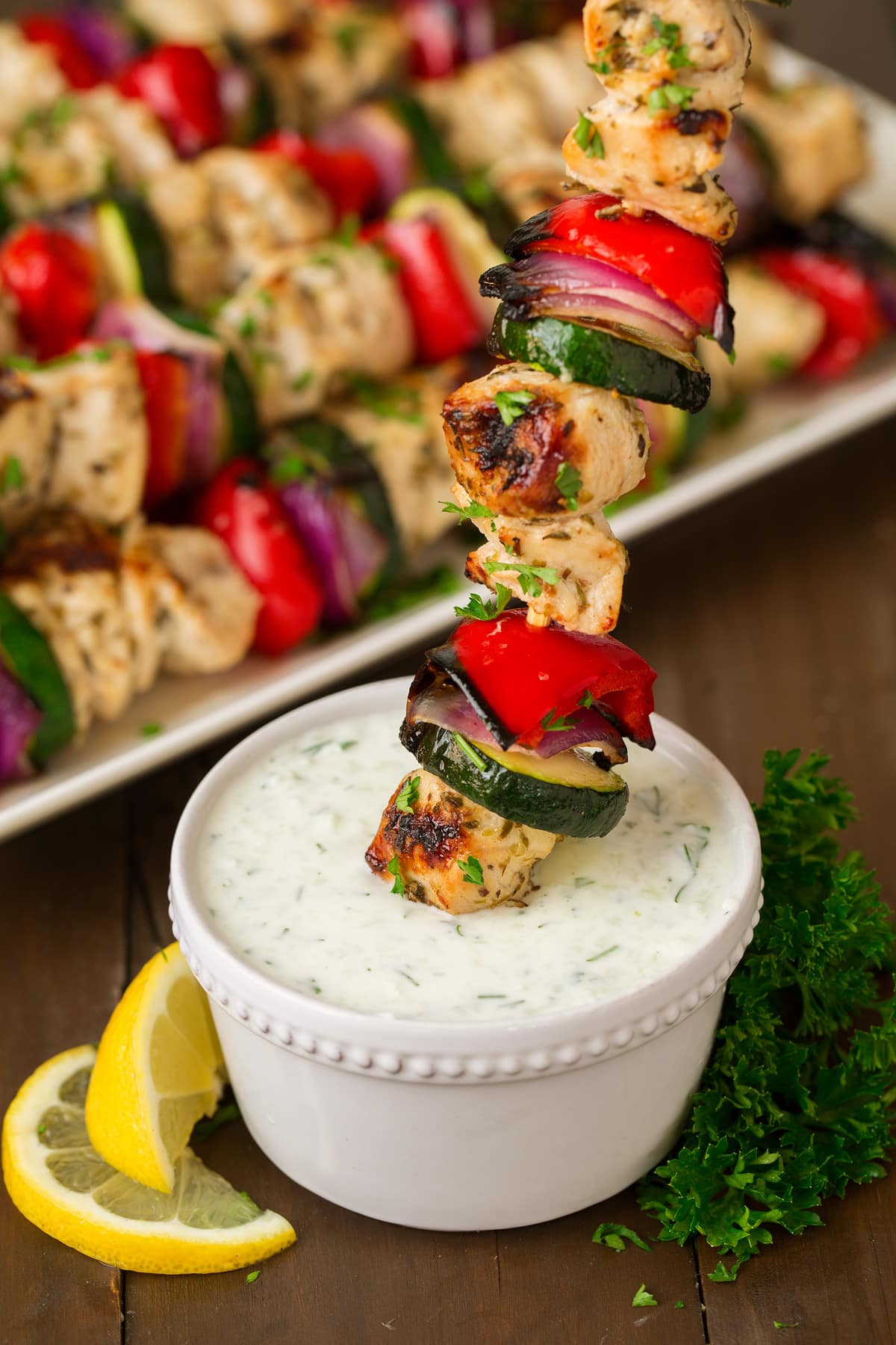 Greek Chicken Kebabs Greek Chicken Kebabs dipped in tzatziki sauce