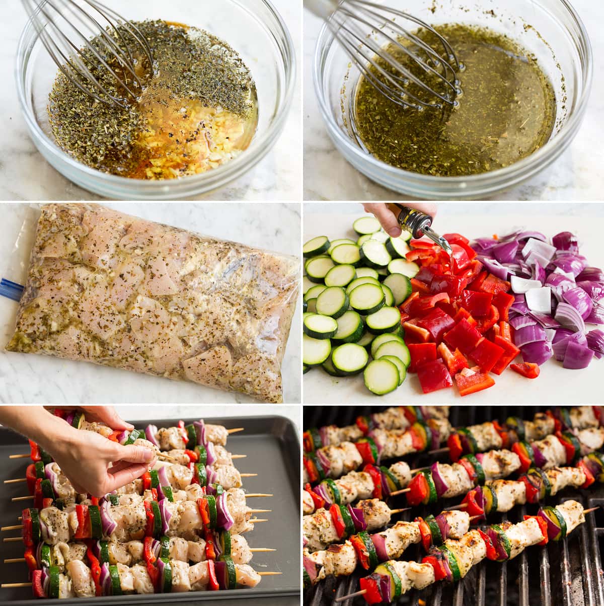Collage of 6 images showing steps of making marinade, greek chicken soaking, drizzling vegetables with oil, threading ingredients onto skewers and grilling kebabs. Collage of 6 images showing steps of making marinade, greek chicken soaking, drizzling vegetables with oil, threading ingredients onto skewers and grilling kebabs.
