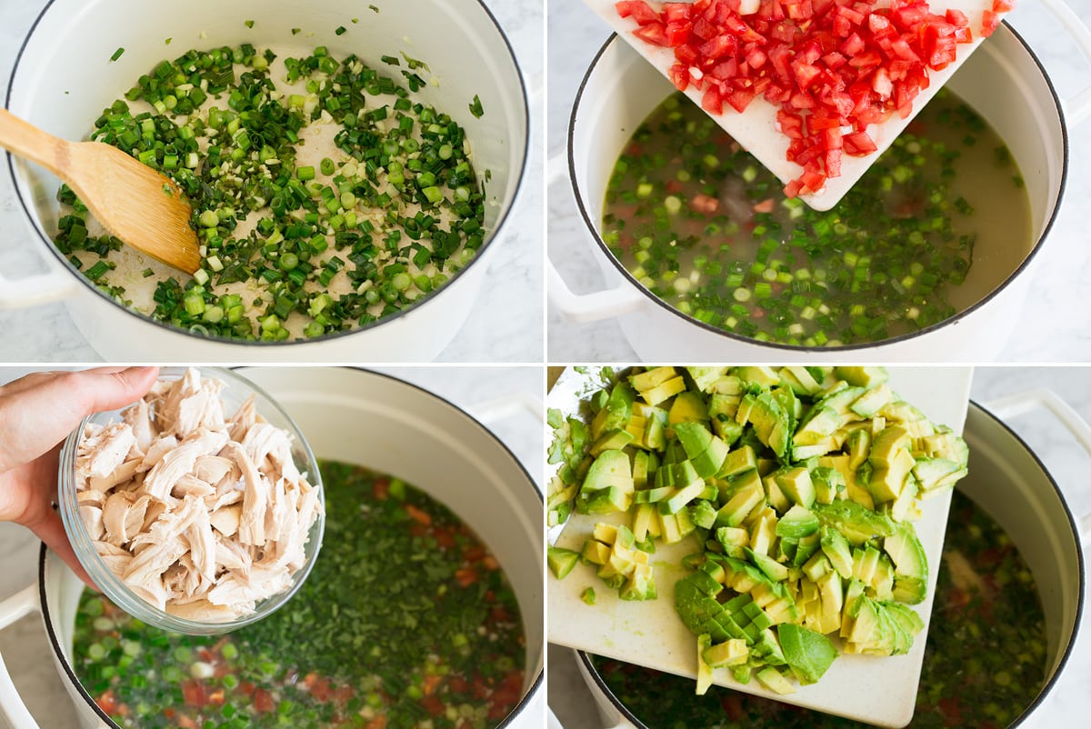 Chicken Avocado Soup Collage image of 4 steps showing how to make homemade chicken soup with avocado.