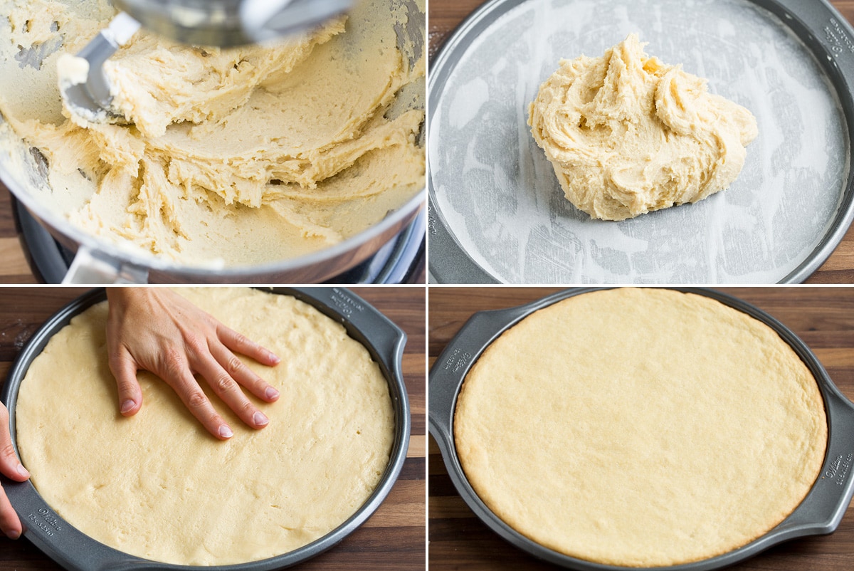 Fruit Pizza Collage image showing how to press cookie dough into pizza pan, and also showing crust after baking.