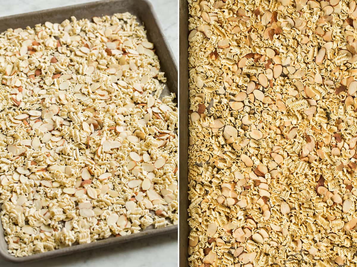 Asian Ramen Noodle Salad Collage image of ramen and sliced almonds on a baking sheet shown before and after toasting.