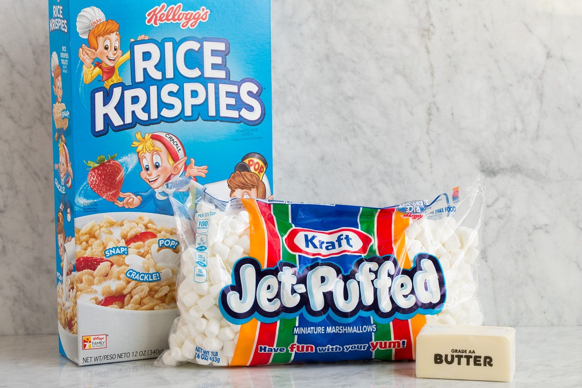Best Rice Krispie Treats Image of three ingredients needed to make rice krispie treats shown here. Includes rice krispies cereal, mini marshmallows and butter.