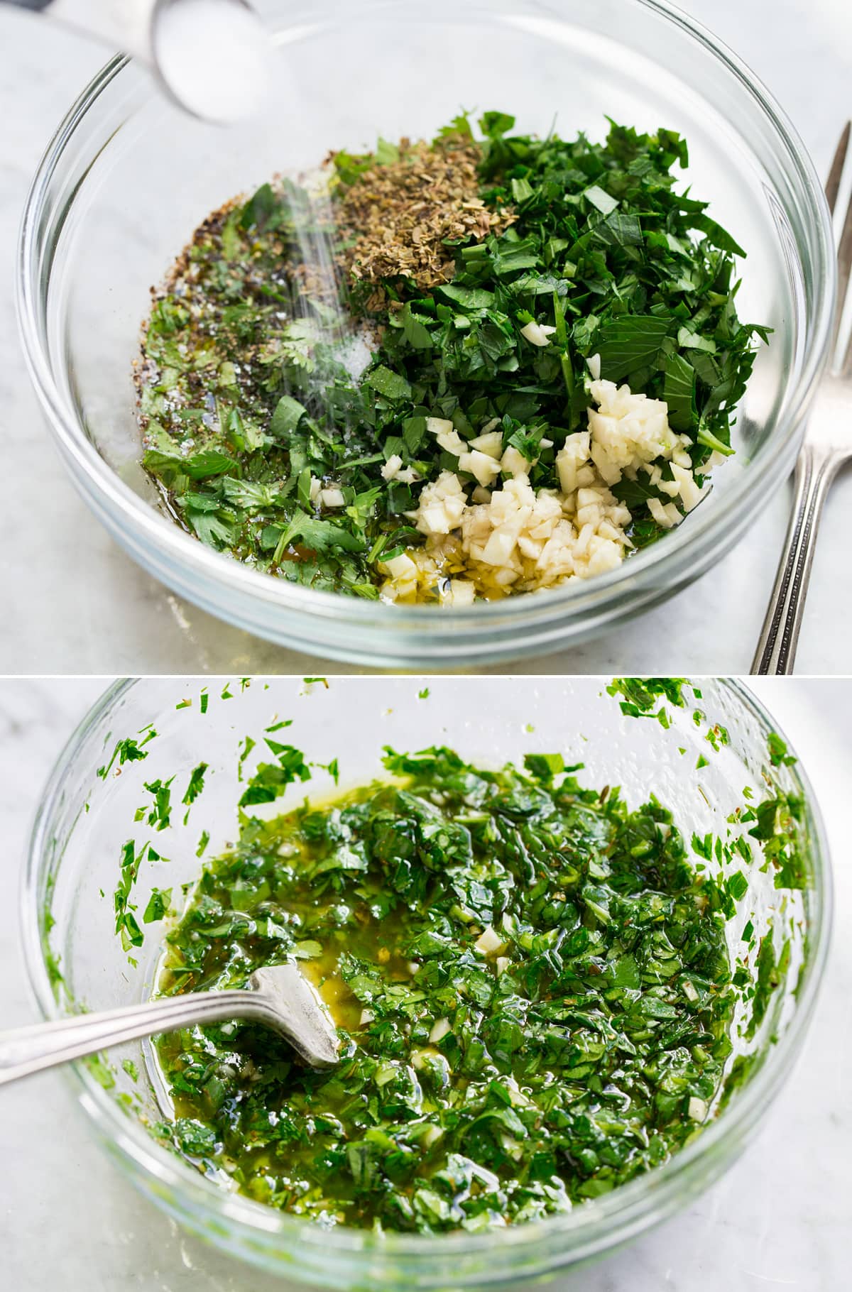 Avocado Salad Avocado salad dressing being mixed in a glass bowl. Shown before and after mixing.