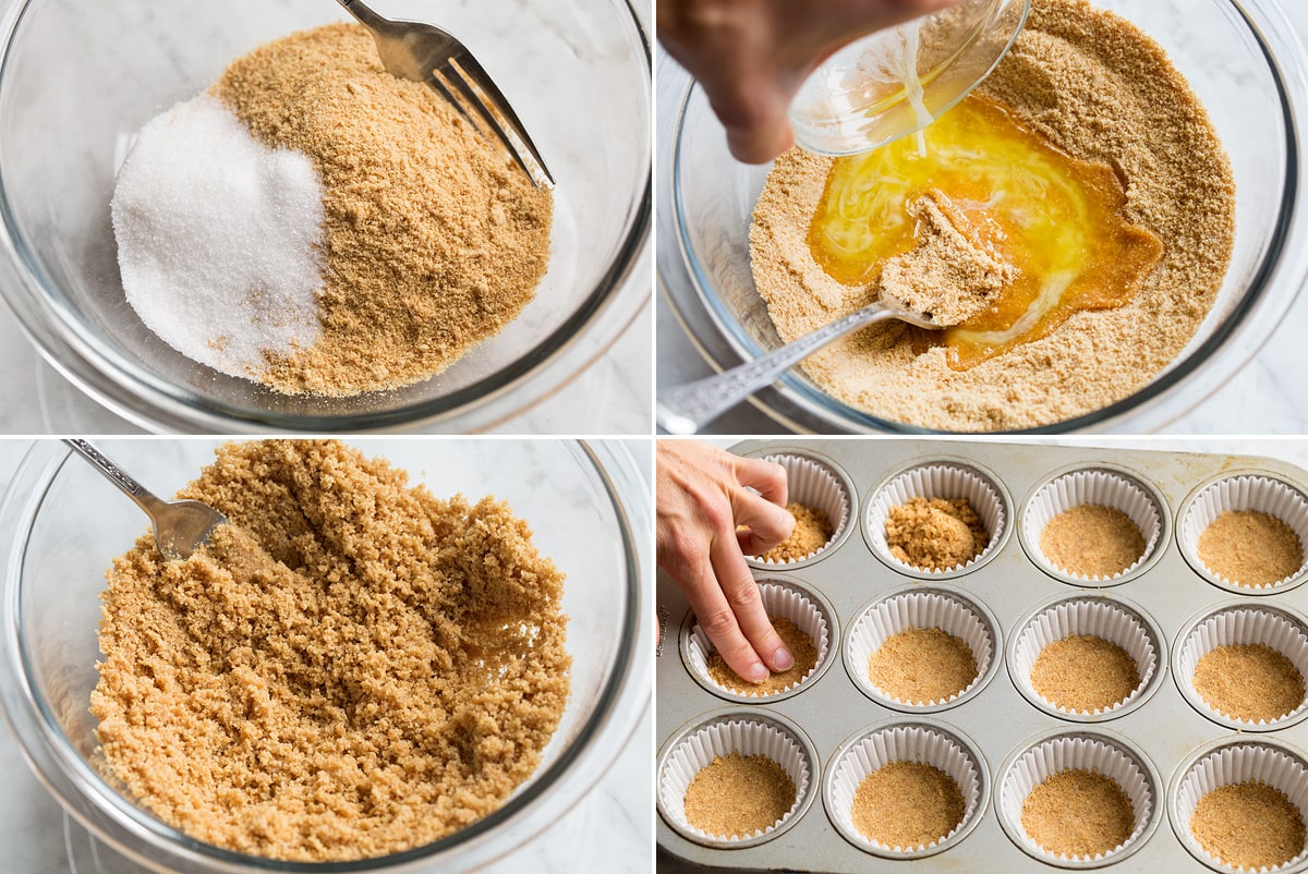 Mini Cheesecakes Collage image of four steps showing how to make graham cracker crusts for mini cheesecakes.