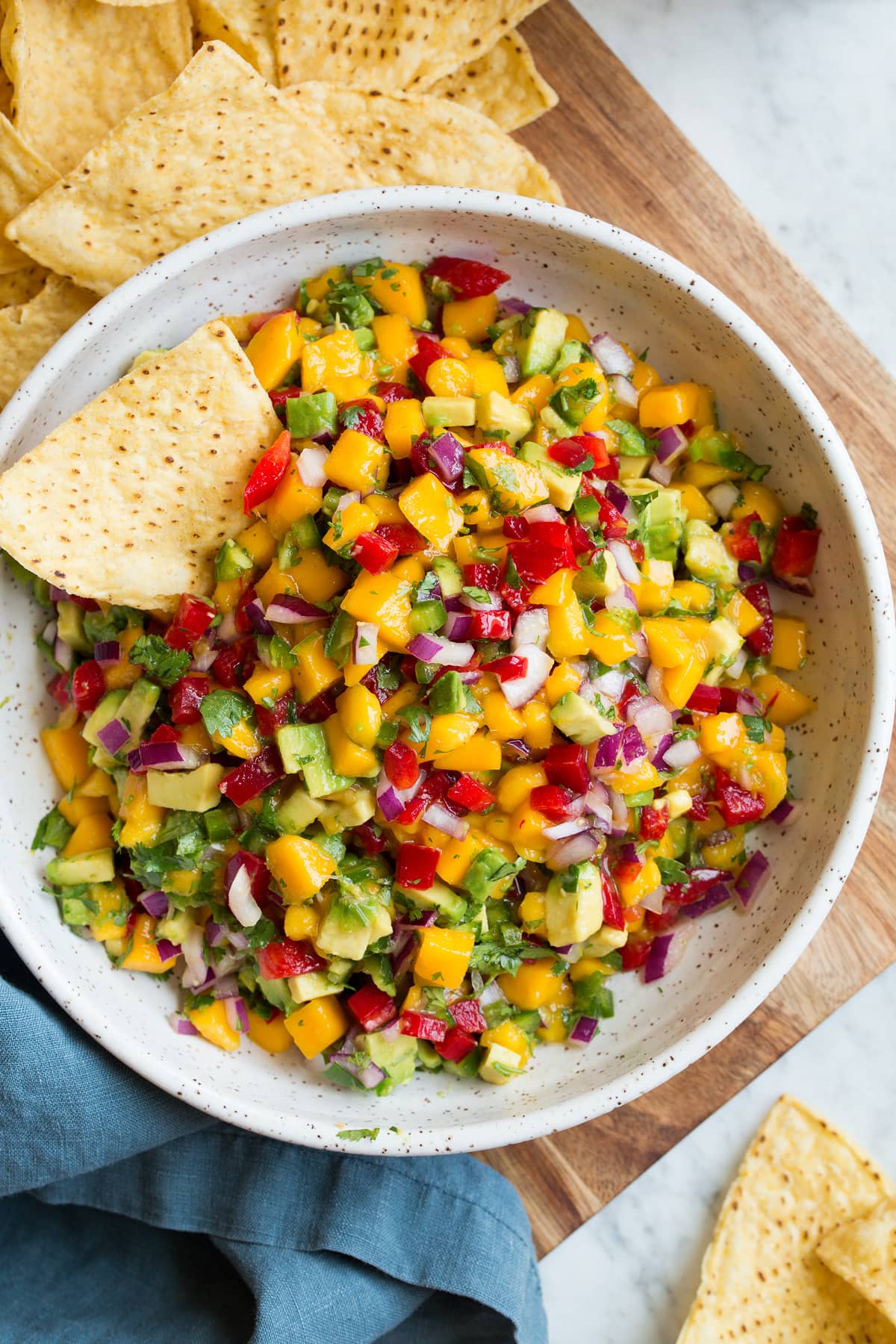 Mango Salsa (with Avocado!) Overhead image of mango salsa with avocado.
