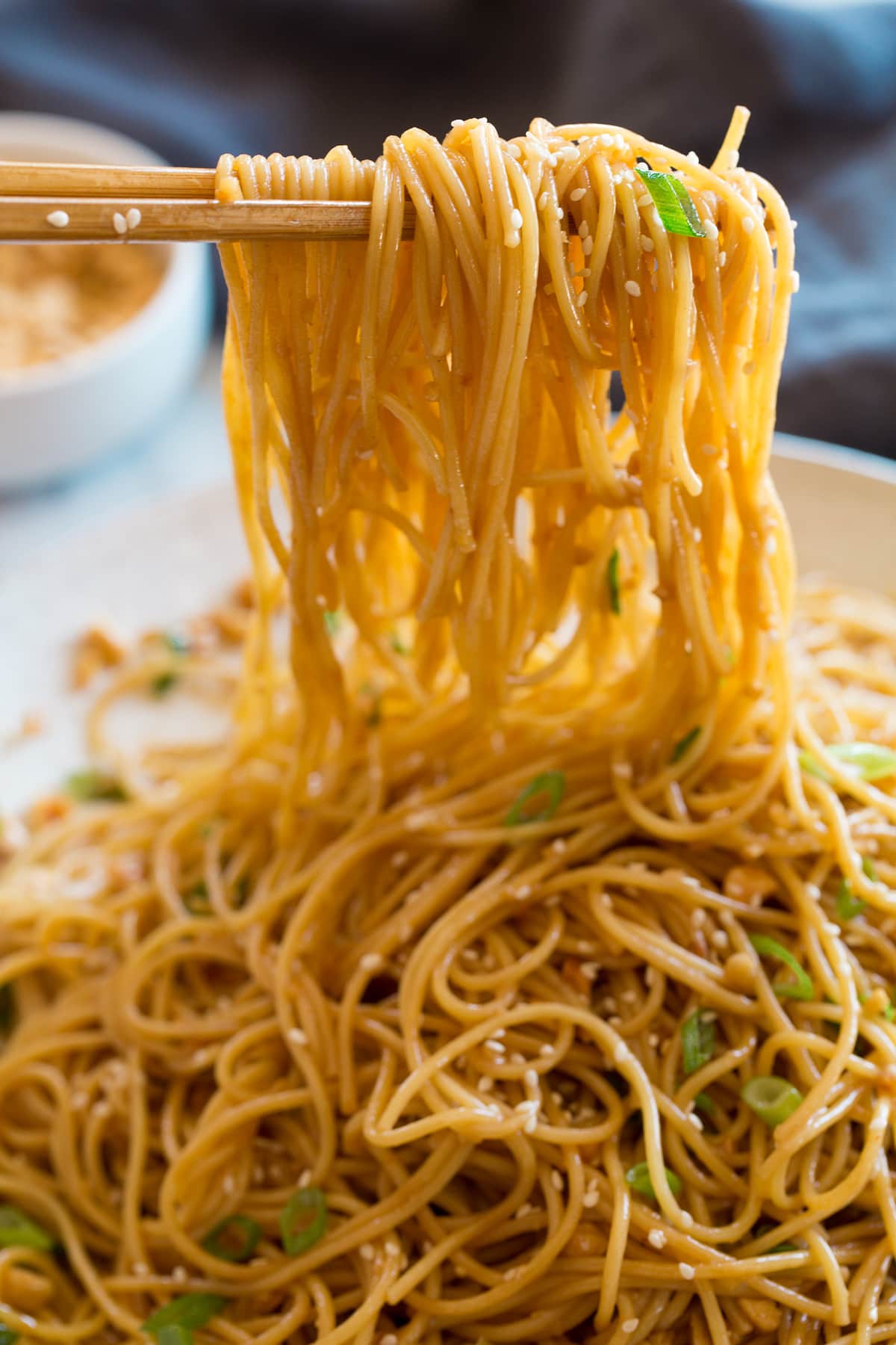 Sesame Noodles Photo: Sesame noodles shown close hanging over chopsticks.