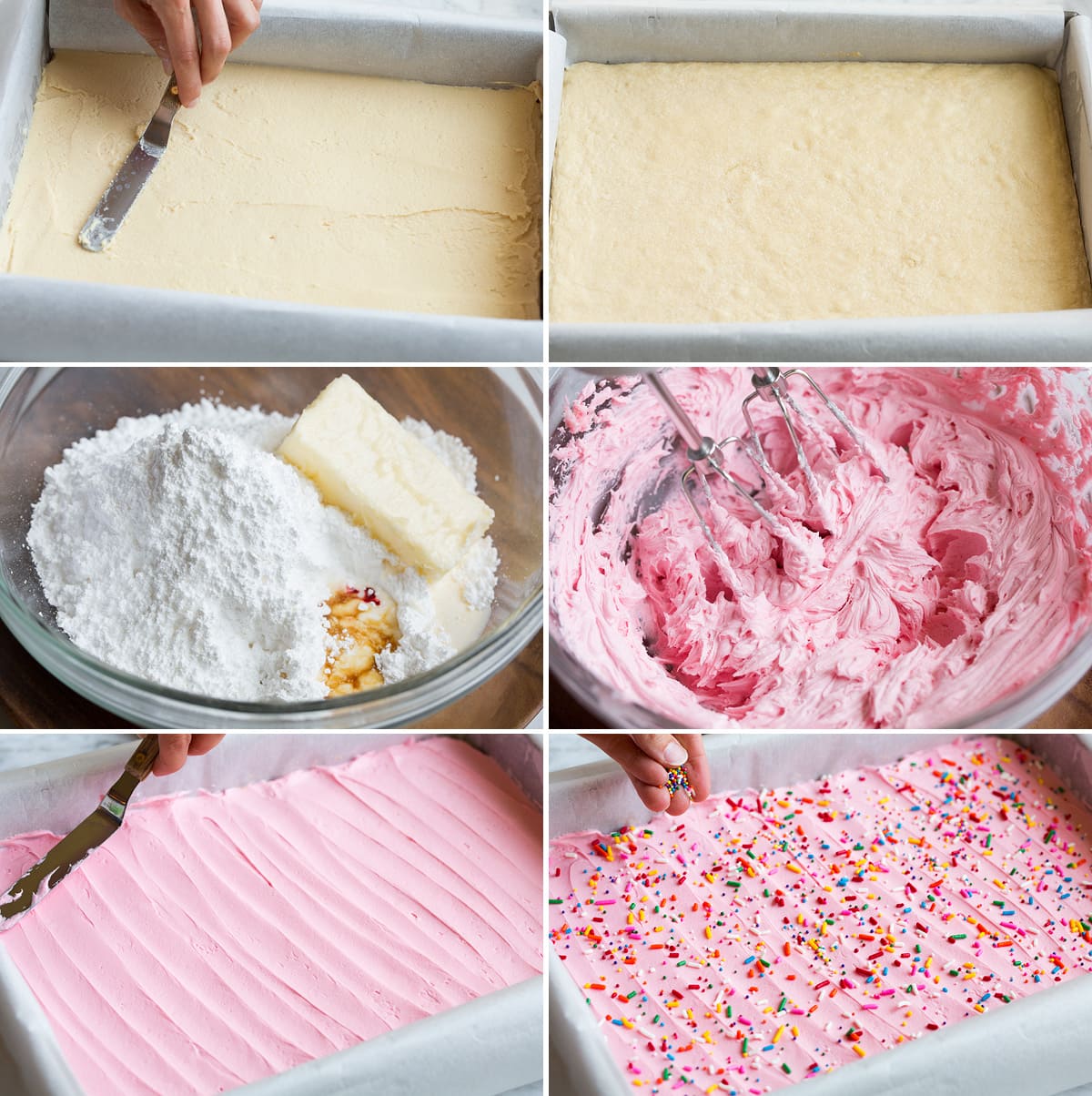 Sugar Cookie Bars Collage of six images showing how to spread sugar cookie batter into baking pan, and making frosting and spreading over finished cookie bar in pan.