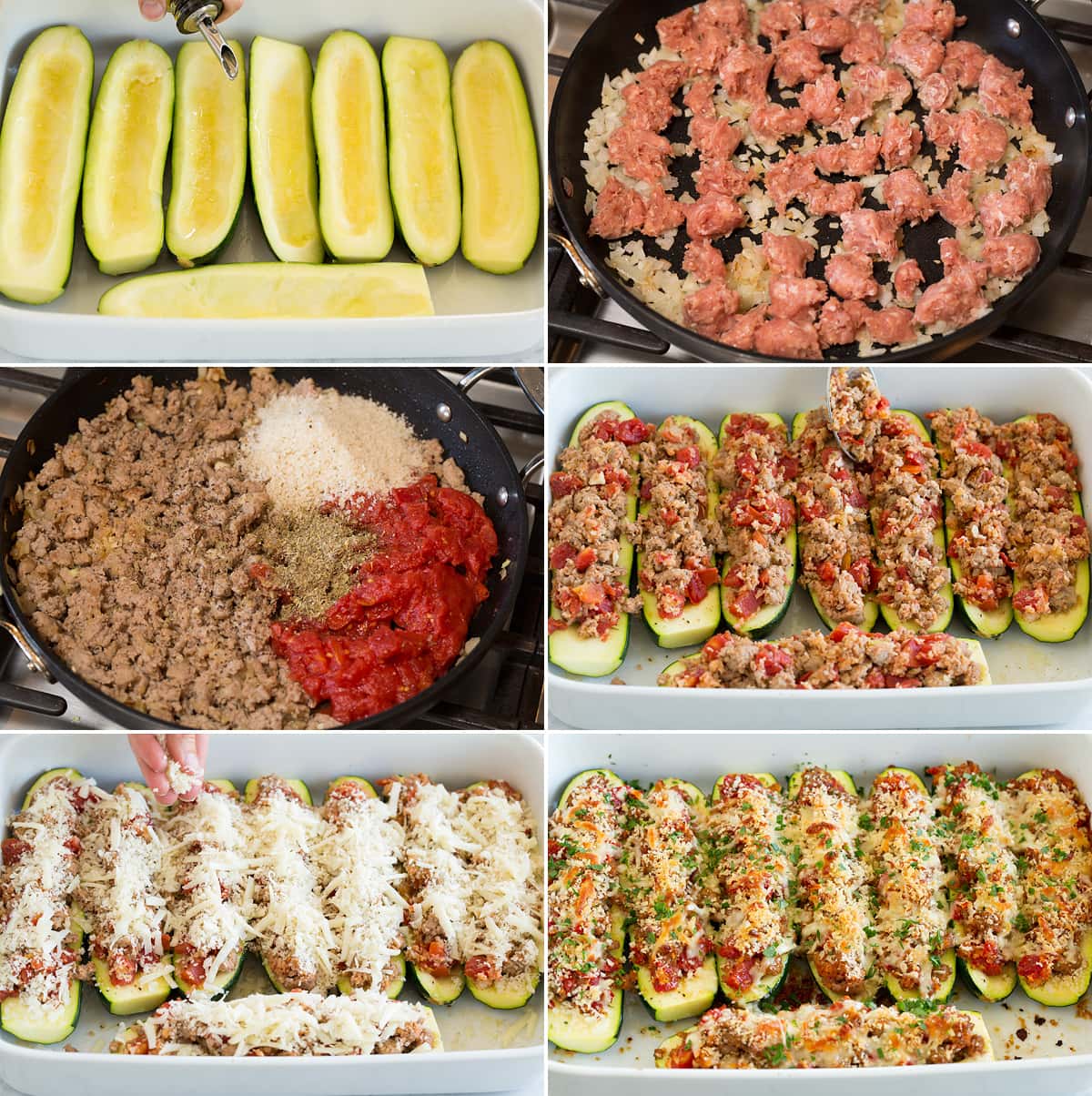 Zucchini Boats Collage of six images showing steps of making zucchini boats. Shows hollowed out zucchini boats in a baking dish. Browning onion and sausage. Adding panko, seasoning and tomatoes. Filling boats. Topping with cheeses. And shows finished after baking.
