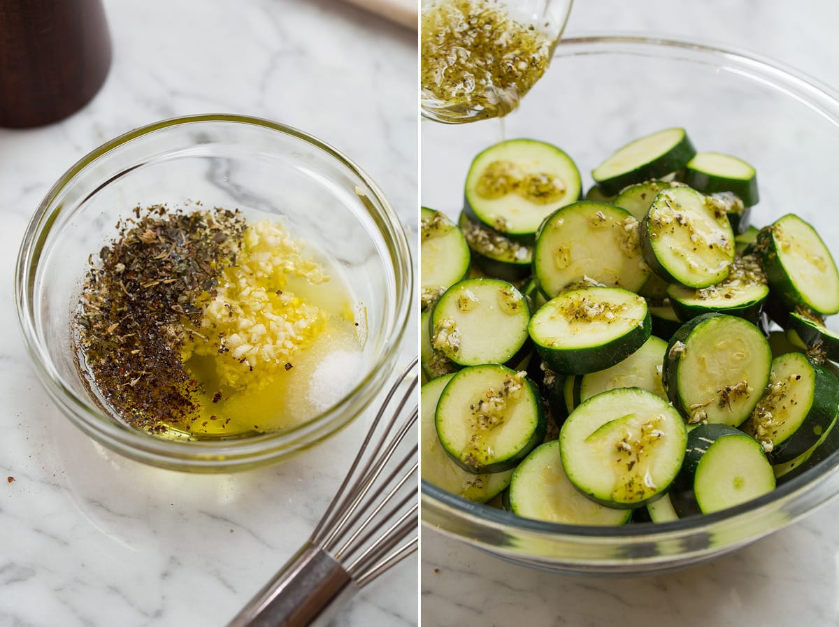 Baked Zucchini Collage of two images showing how to make baked zucchini. Shows mixing the olive oil and seasonings on the left image and tossing it with zucchini in a mixing bowl in the right image.