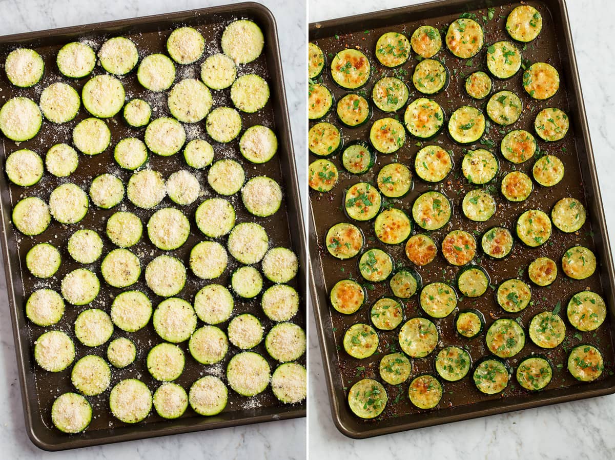 Baked Zucchini Collage of two images showing zucchini slices on a baking sheet before and after roasting.