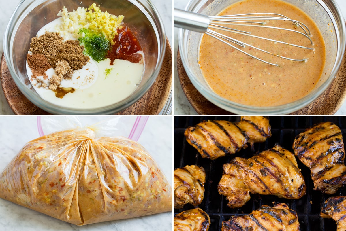 Thai Coconut Grilled Chicken Thighs Collage of four images showing steps of preparing coconut lime marinade and grilling chicken.