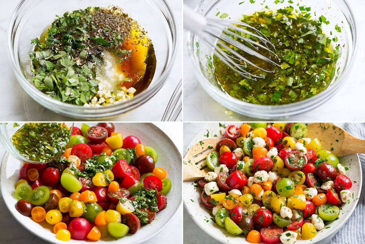 Tomato Salad Collage of four images showing steps of making tomato salad. Shows mixing dressing in a glass bowl before and after and tossing tomatoes and mozzarella with dressing in a serving bowl.