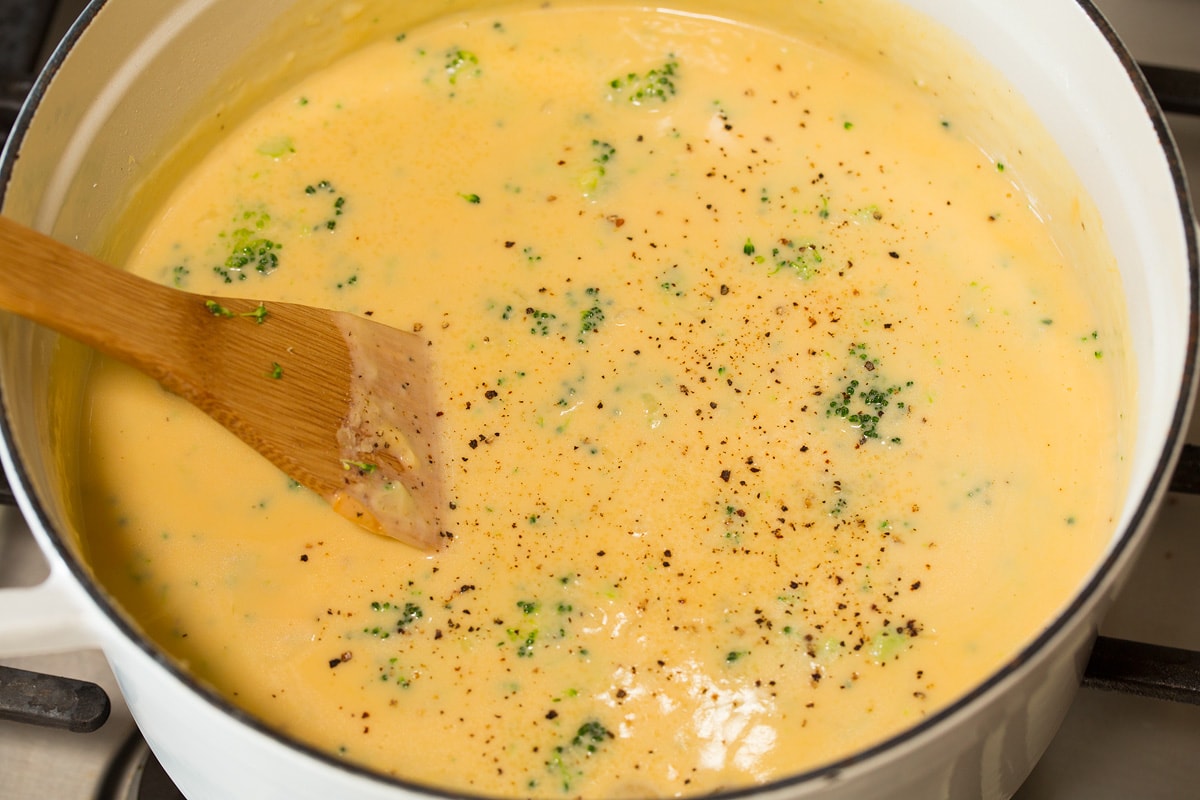 Broccoli Cheese Soup Pot of finished broccoli cheese soup shown on the stove top.