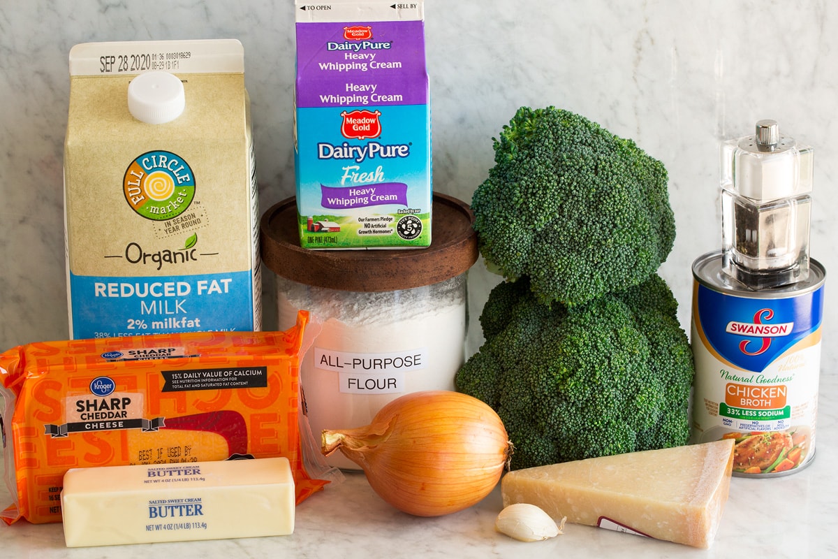 The BEST Broccoli Cheese Soup Image of ingredients used to make broccoli cheese soup. Shows broccoli, sharp cheddar cheese, parmesan cheese, butter, onion, garlic, flour, heavy cream, chicken broth, salt and pepper and milk.
