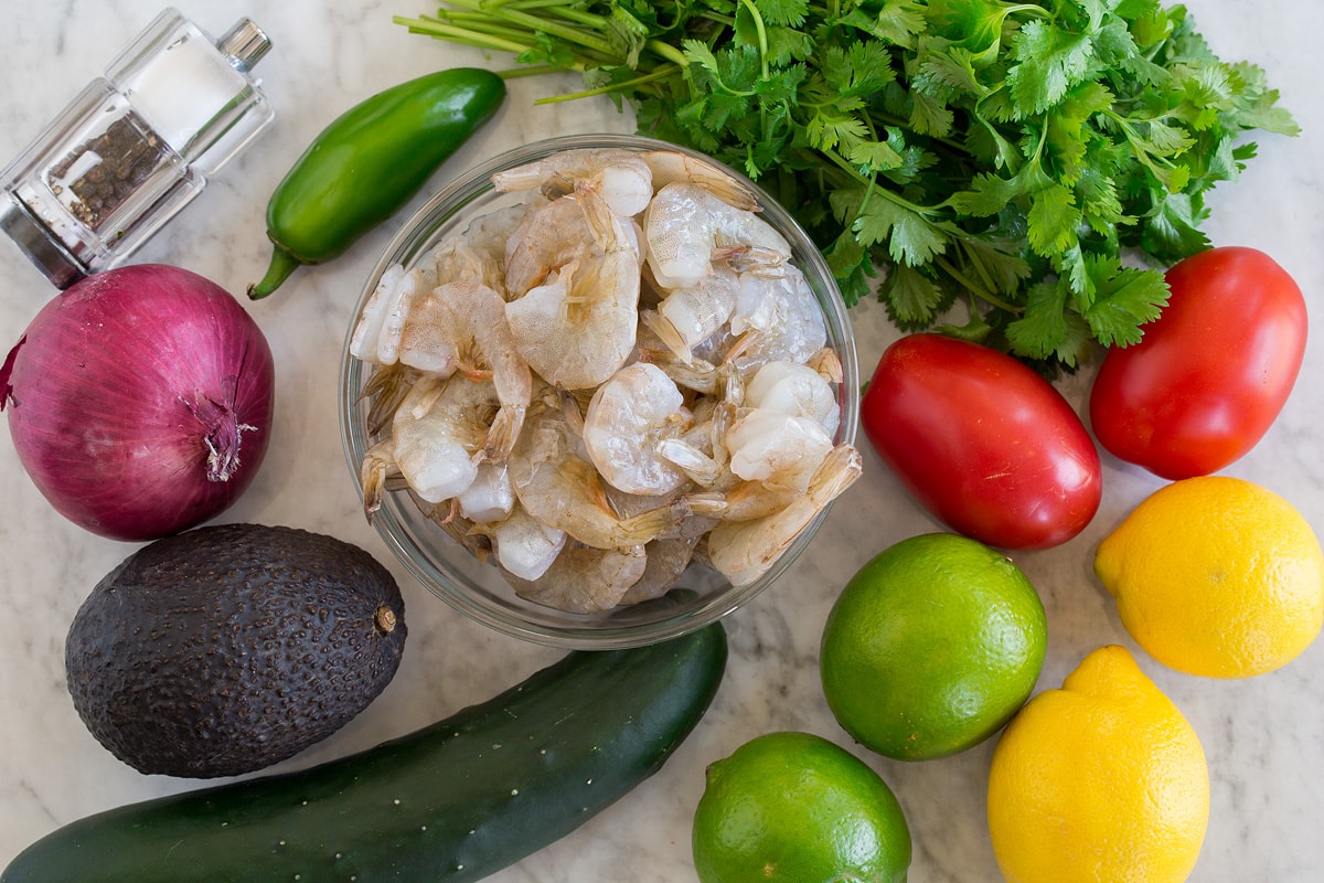 Ceviche Photo of ingredients used to make ceviche. Includes raw shrimp, lemons, limes, tomatoes, cilantro, jalapeno, red onion, avocado, cucumber, salt and pepper.