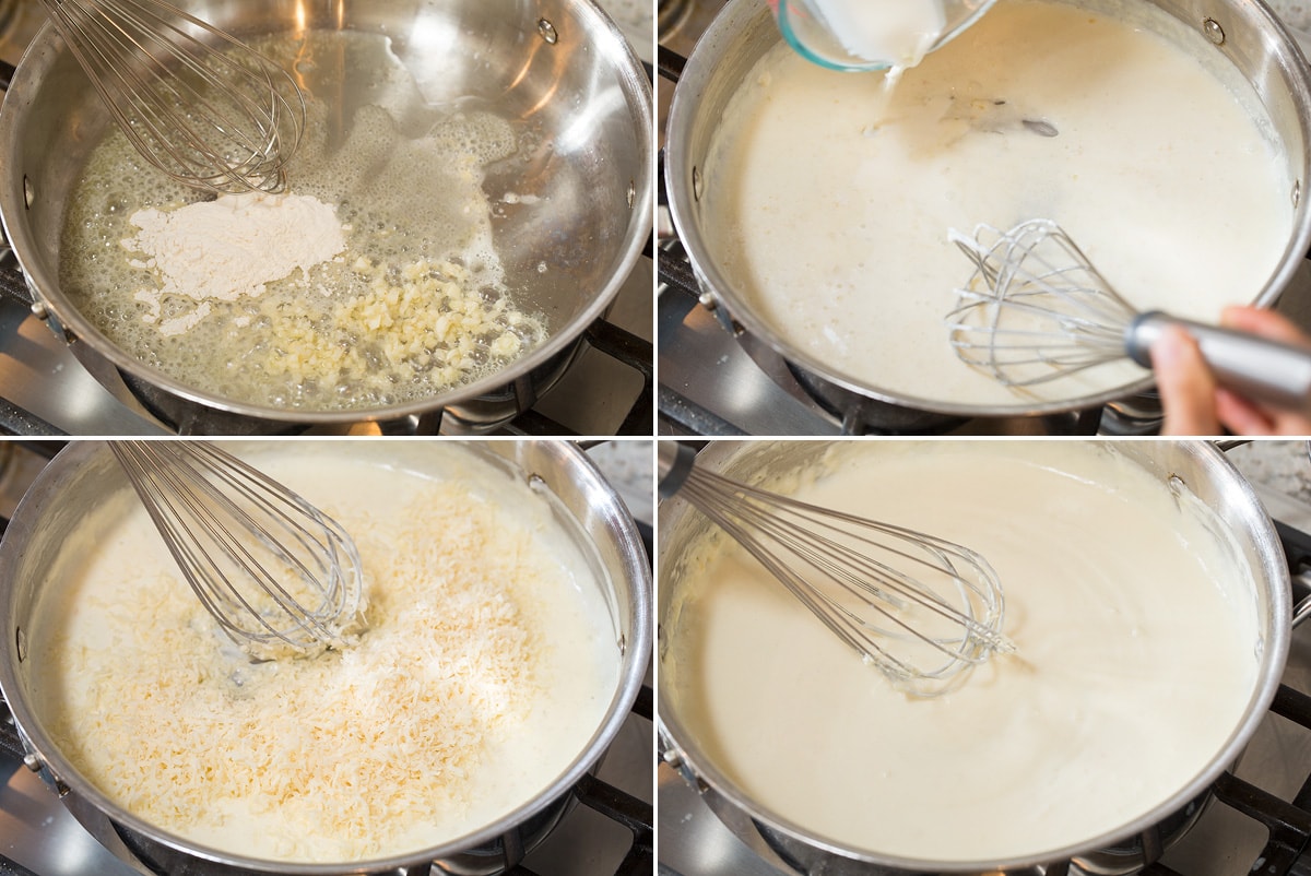 Cheesy Spaghetti Squash Recipe Collage of four images showing how to make cheesy alfredo style sauce.