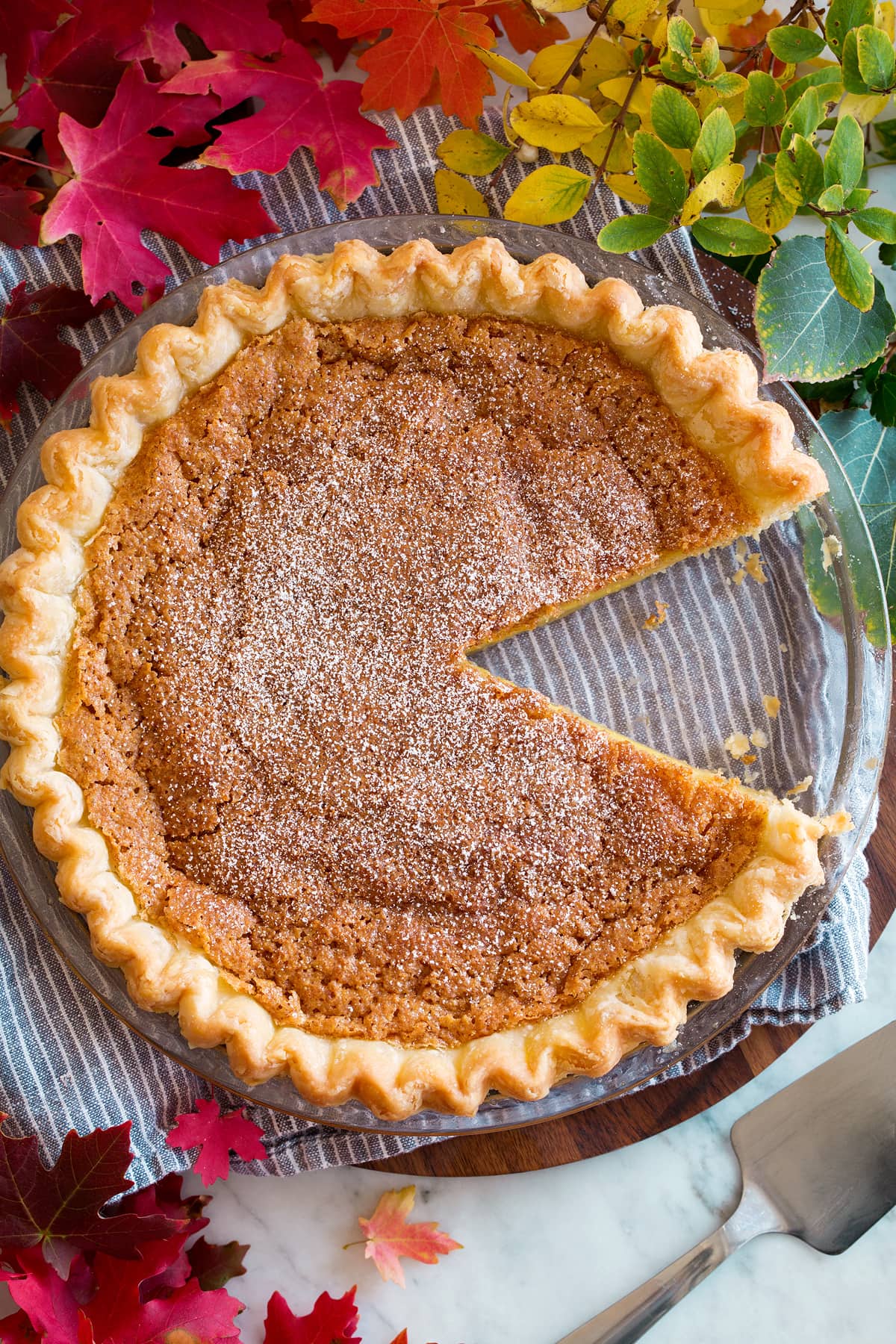 Chess Pie Overhead image of chess pie with one slice cut and removed.
