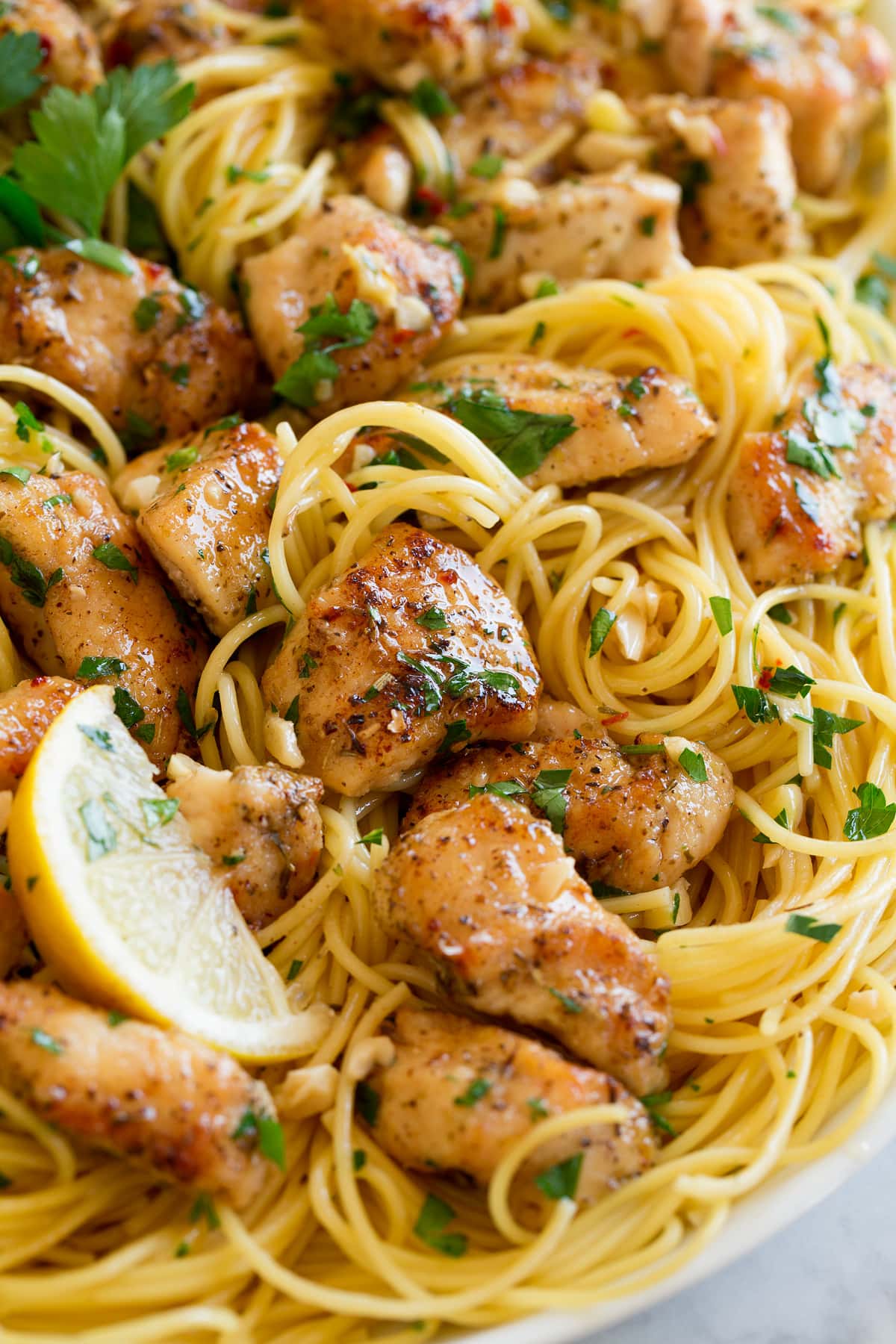 Chicken Scampi Close up image of chicken scampi and pasta.