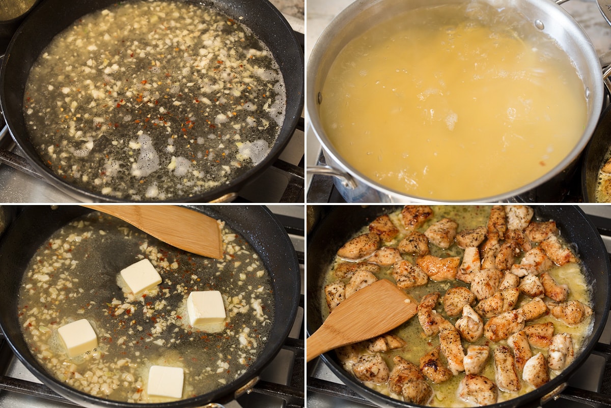 Chicken Scampi Collage of four images showing how to make scampi sauce and toss with chicken in a pan.