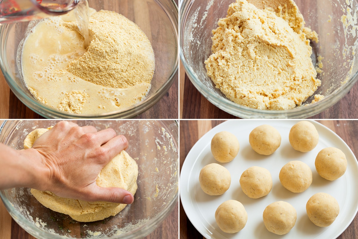 Homemade Corn Tortillas Collage of four images showing steps of making corn tortillas dough in a glass bowl and kneading.