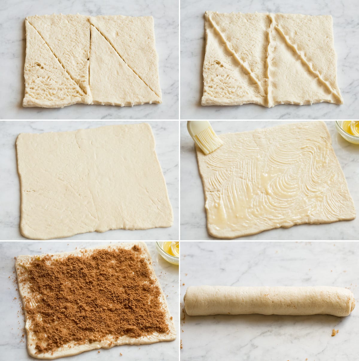 Mini Cinnamon Rolls Collage of six images showing steps of rolling out crescent dough for mini cinnamon rolls. Also shows sprinkling with brown sugar mixture and rolling.
