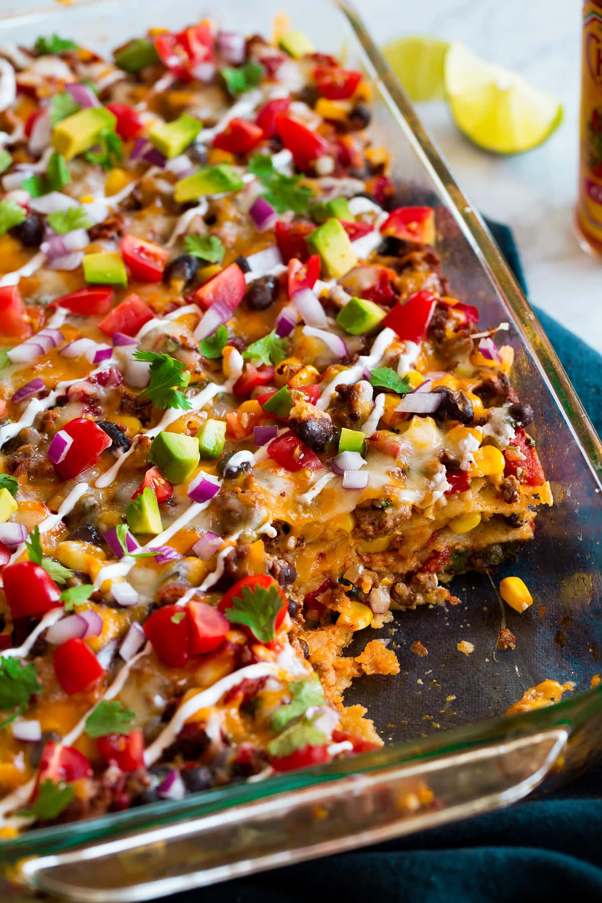 Taco Casserole Taco casserole shown from the side.