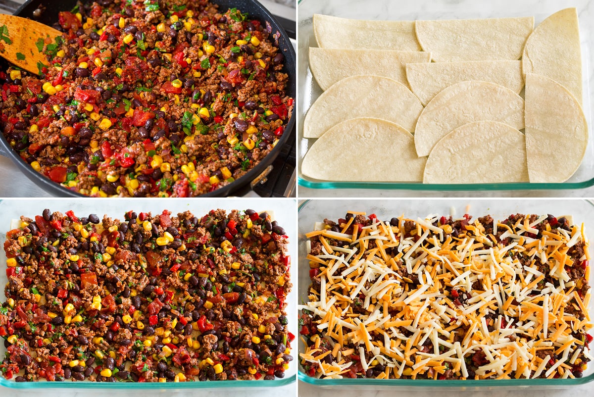 Taco Casserole Collage of four images showing taco casserole filling and showing steps to layering casserole with tortillas, filling and cheese.
