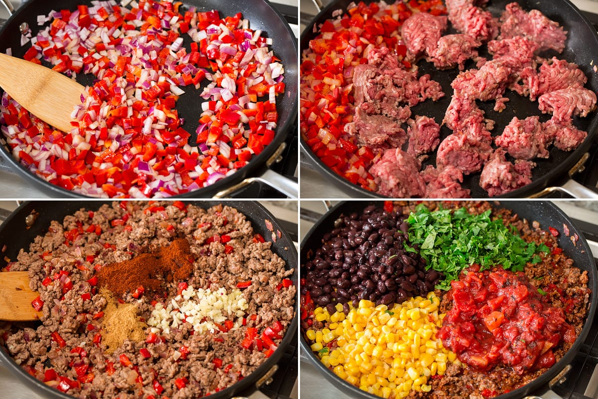 Taco Casserole Collage of four images showing four steps of making ground beef taco casserole filling.