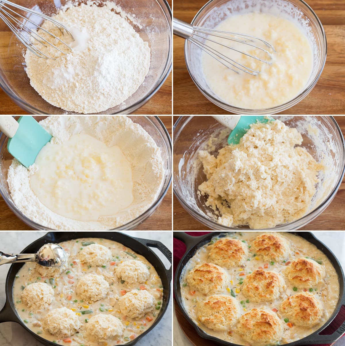 Chicken Pot Pie with Biscuits Collage of six images showing how to make biscuits for chicken pot pie.