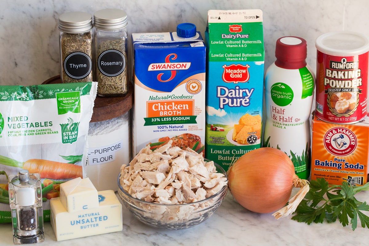 Chicken Pot Pie with Biscuits Photo of ingredients that are used to make chicken pot pie with biscuits.