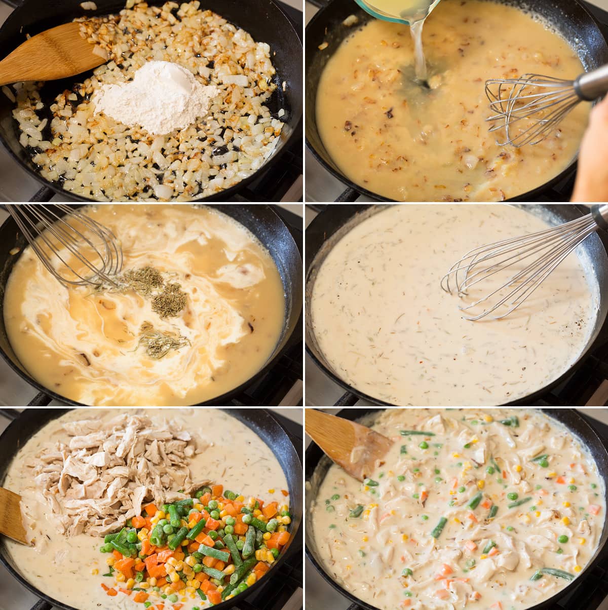 Chicken Pot Pie with Biscuits Collage of six images showing steps of making chicken pot pie filling in a cast iron skillet.
