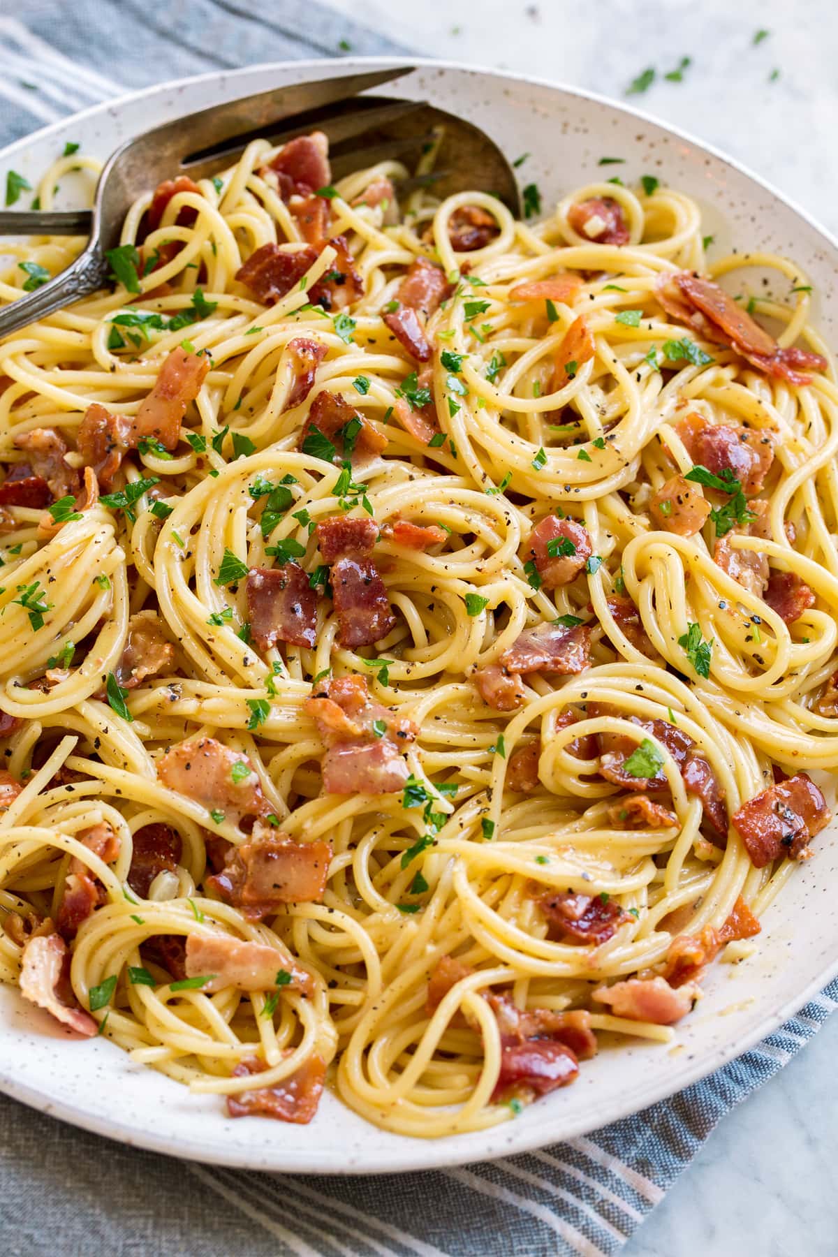 Pasta Carbonara Pasta carbonara shown in a large white serving bowl.