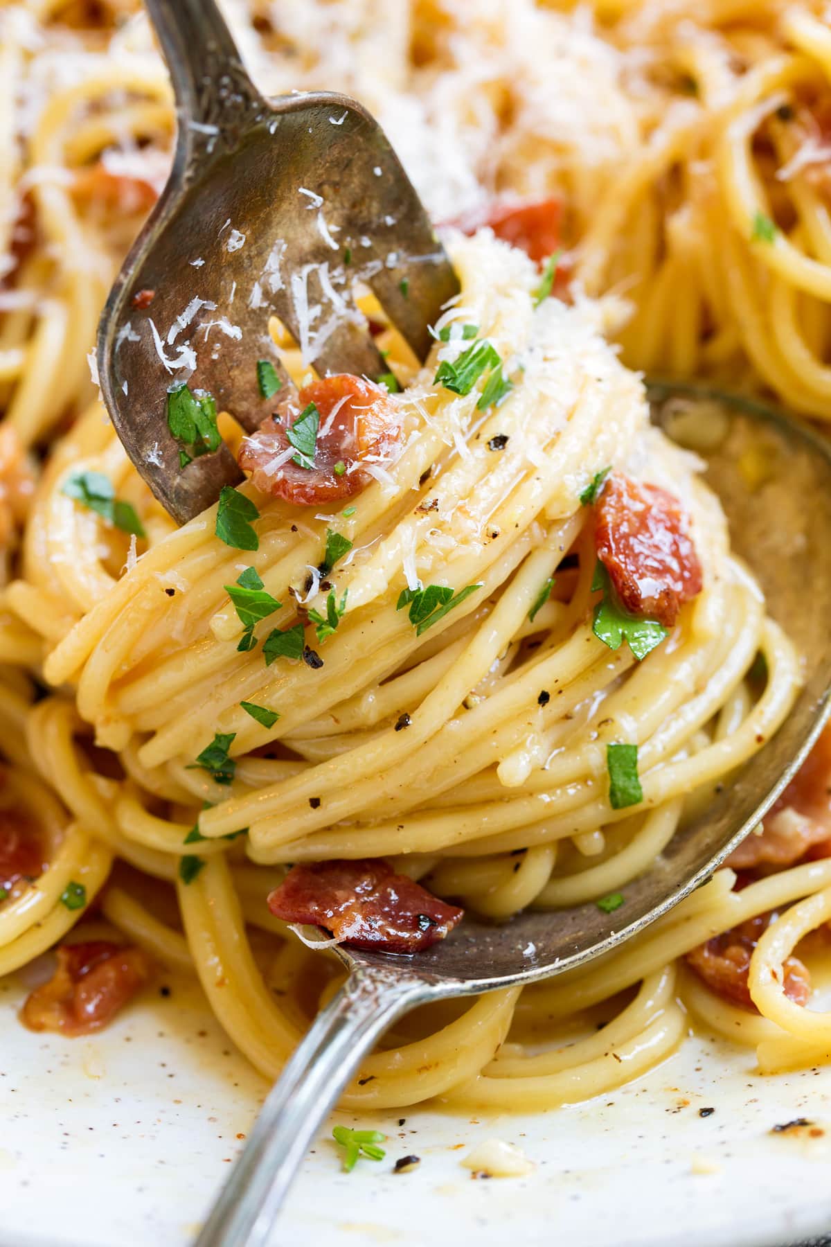 Pasta Carbonara Spaghetti carbonara shown close up swirled around a fork.