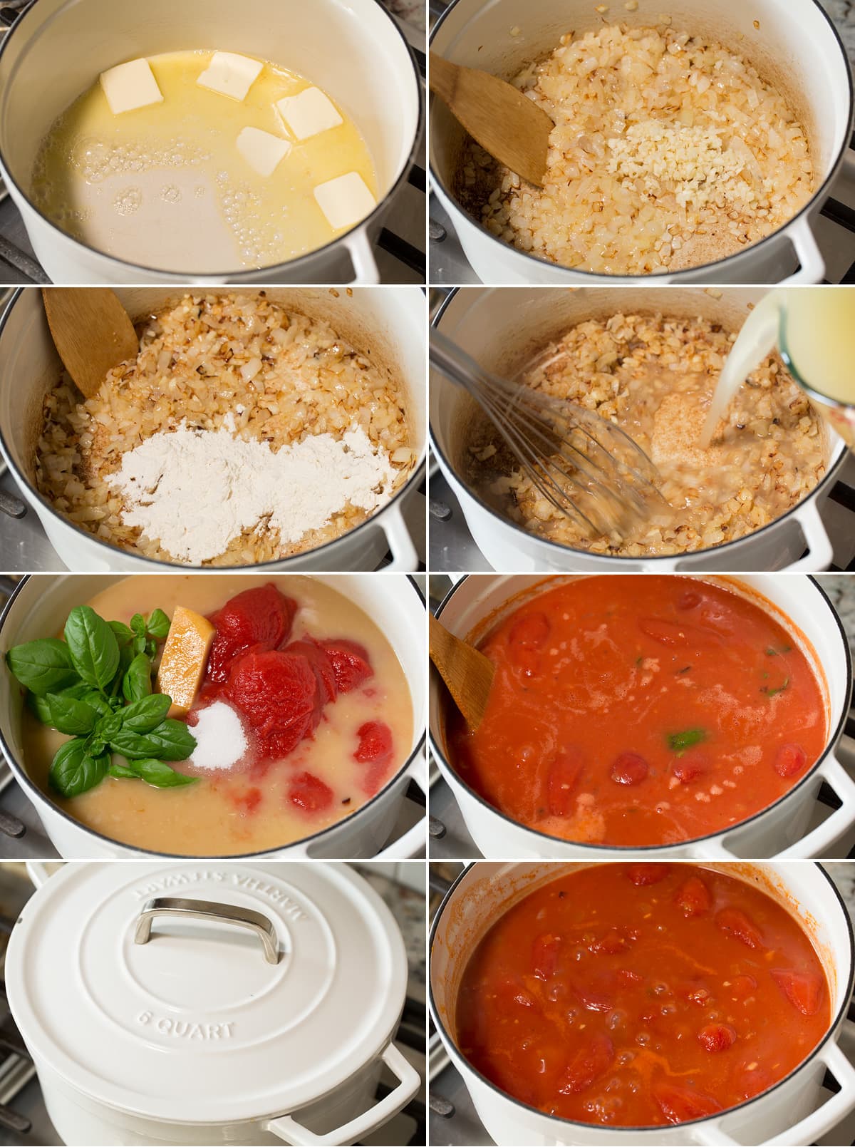 Homemade Tomato Soup Collage of eight images showing steps to making tomato soup in a large pot on the stovetop. Shows sautéing onions, garlic, flour in butter and adding tomatoes, broth and seasonings. Then simmering.
