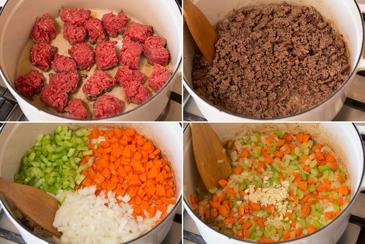 Tortellini Soup Collage of four images showing how to brown beef and saute vegetables for soup in pot.