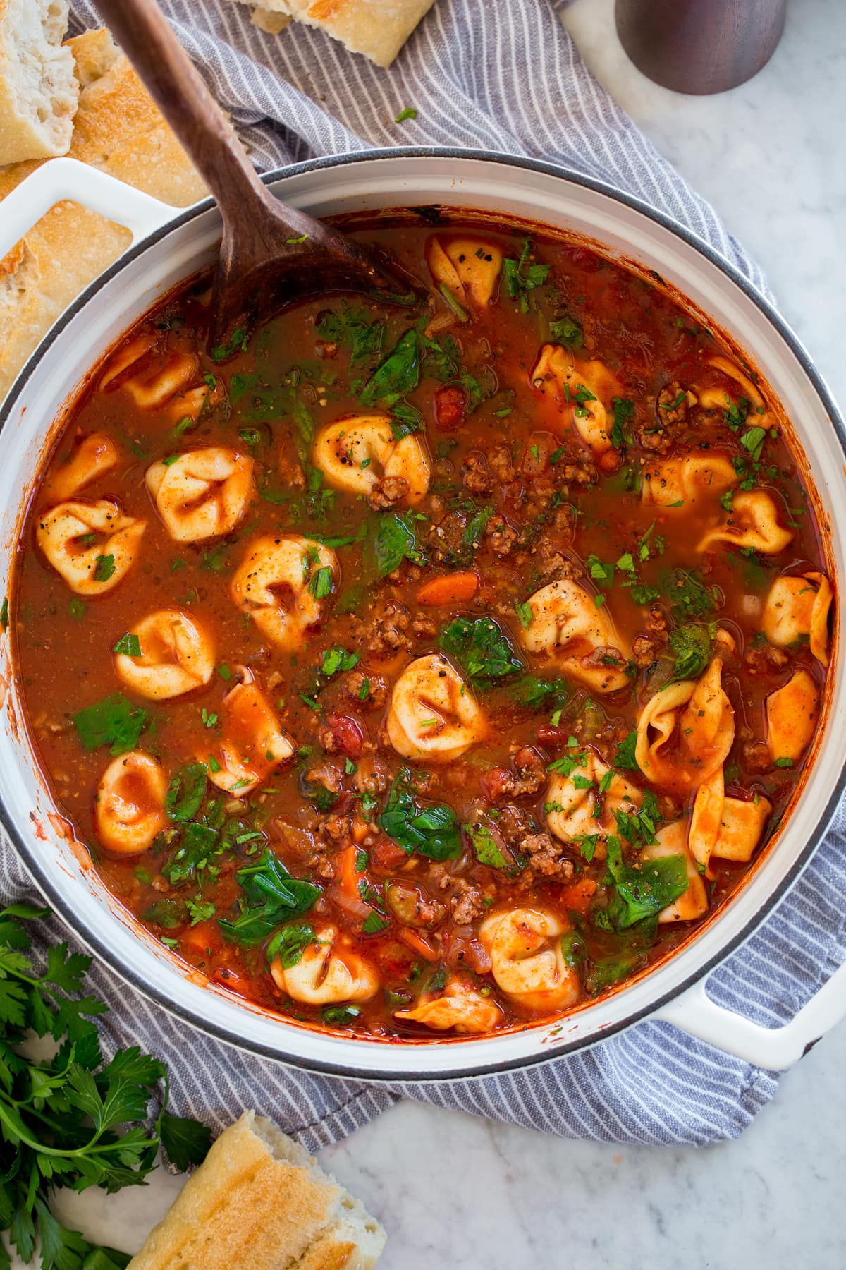 Tortellini Soup Overhead image of pot full of tortellini soup on a marble surface.