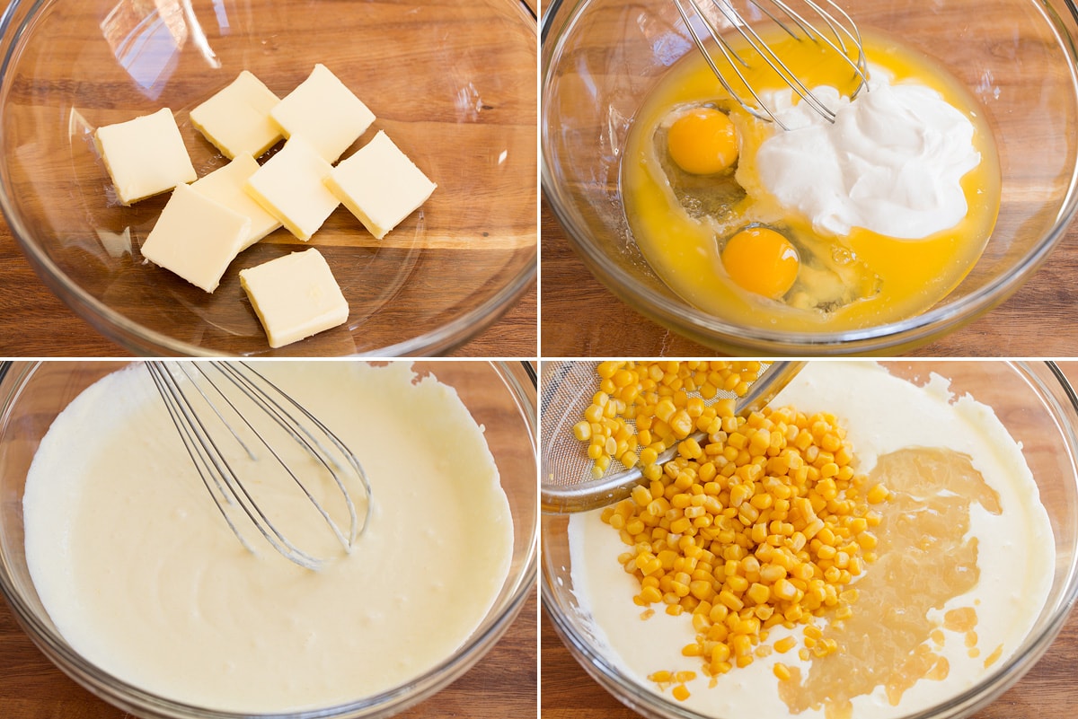 Corn Casserole Collage of four images showning how to make corn casserole batter in a mixing bowl.