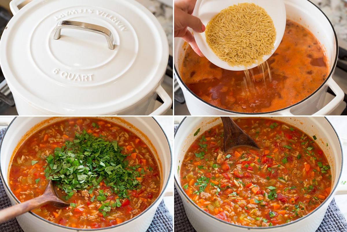 Italian Sausage Soup {with Orzo} Collage of four images of continued steps to make Italian sausage soup. Shows simmering with lid on, adding orzo, adding herbs and finished soup.