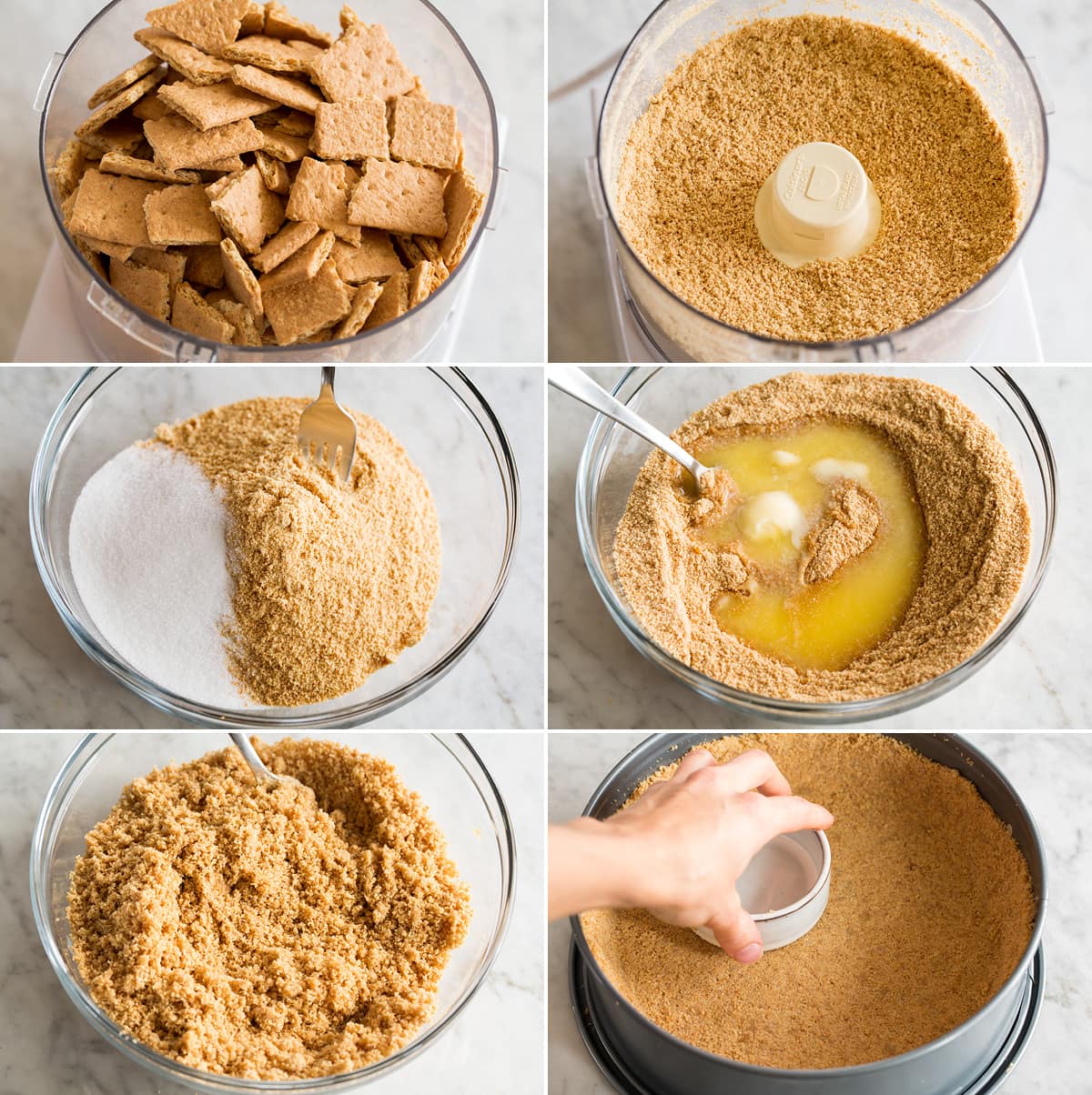 Pumpkin Cheesecake Collage of six images showing steps to preparing a graham cracker crust for cheesecake.