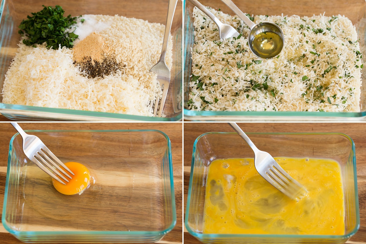 Baked Parmesan Crusted Salmon Collage of four images showing steps to preparing breading for baked salmon.