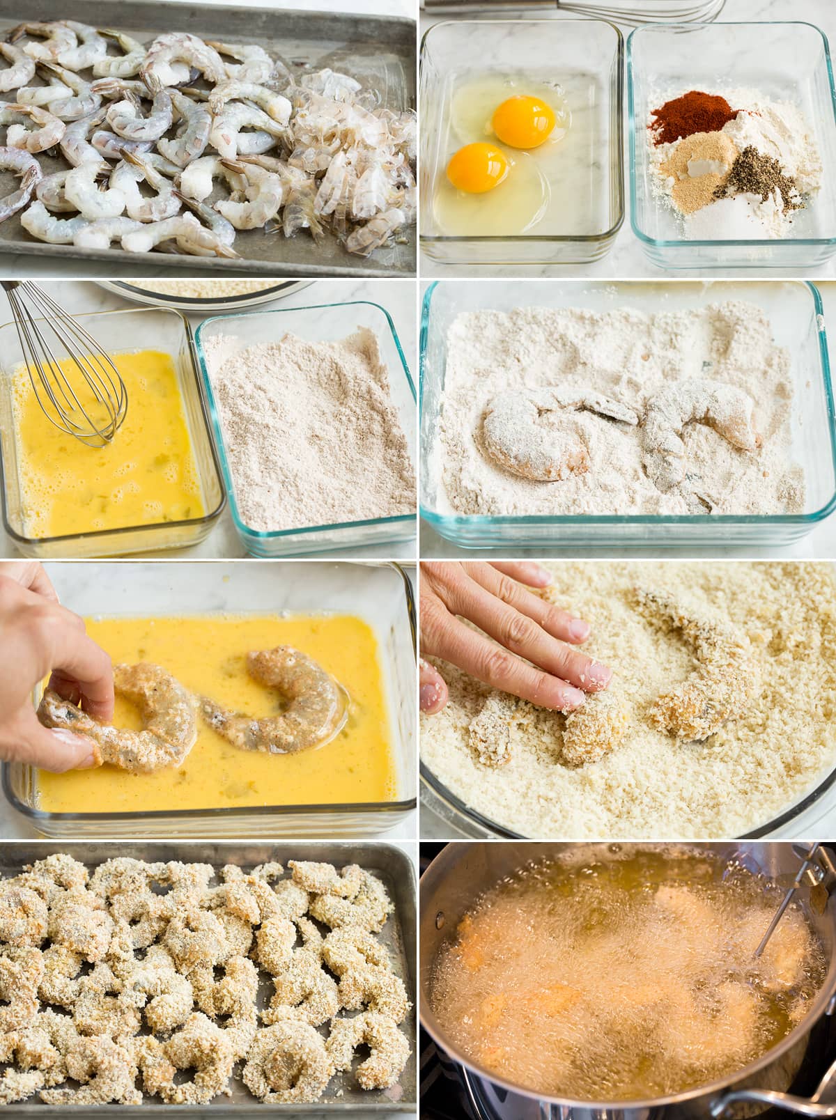 Fried Shrimp Collage of eight photos showing steps of peeling shrimp, making breading, coating shrimp in breading and deep frying.