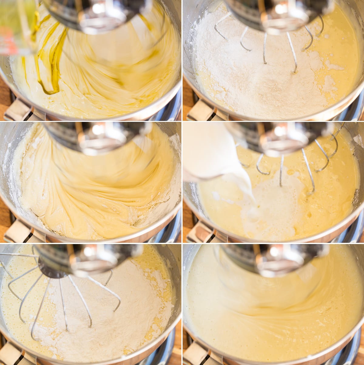 Olive Oil Cake Collage of six images showing continued steps of making olive oil cake batter in mixer bowl.
