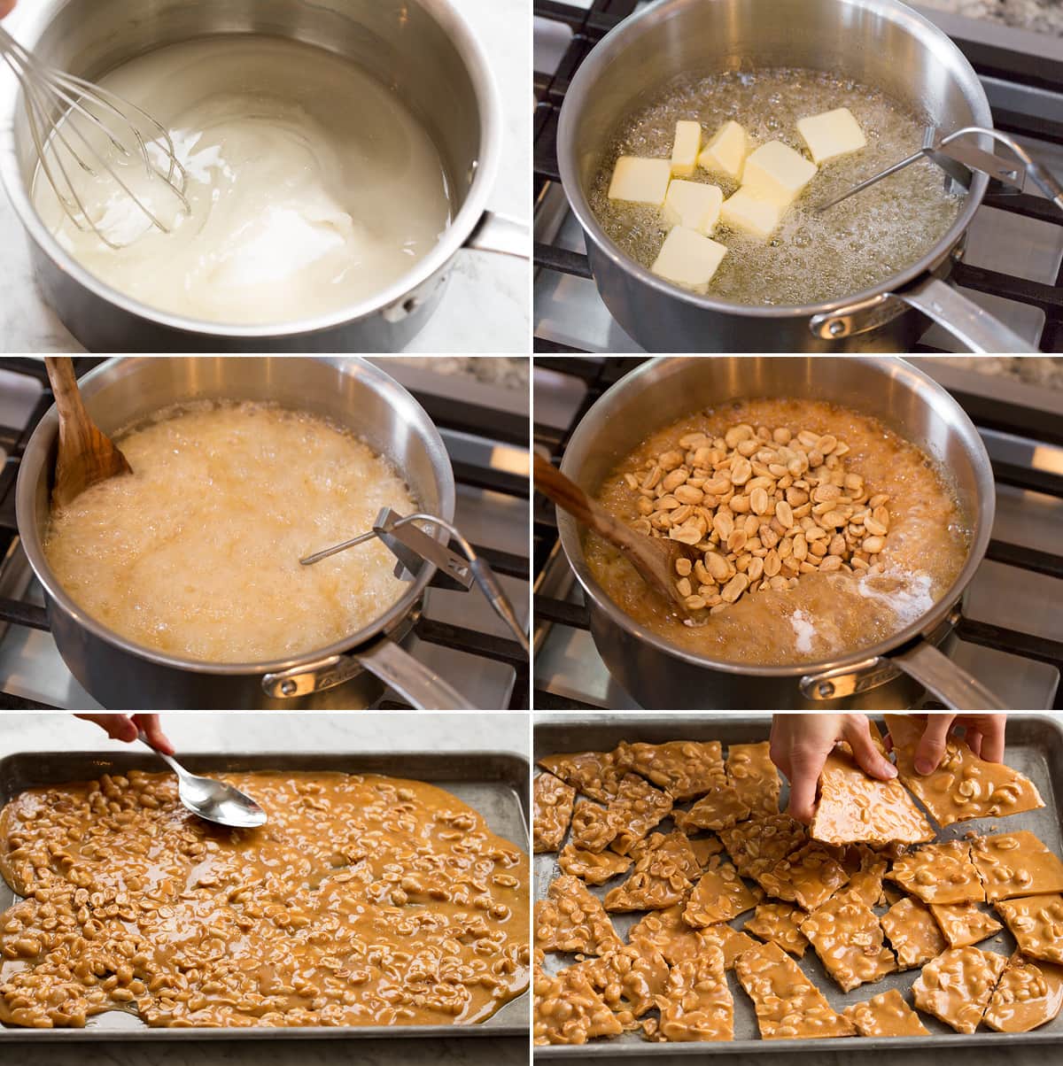 Peanut Brittle Collage of six images showing how to make peanut brittle in a saucepan on the stovetop. Also shows spreading peanut brittle mixture onto baking sheet then breaking it.