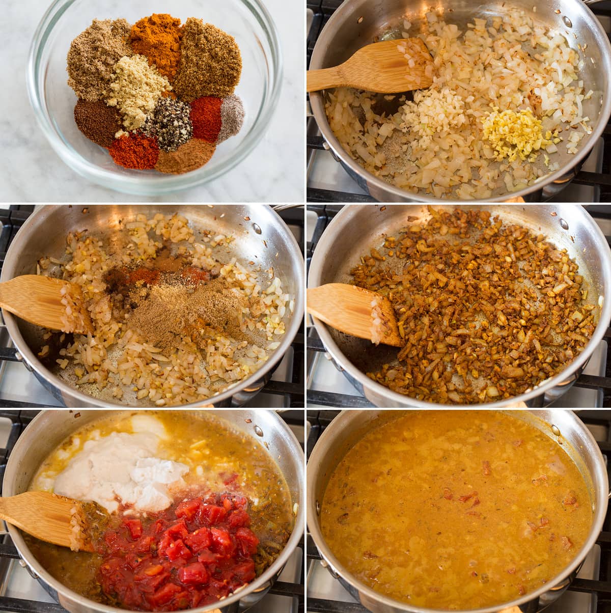 Chickpea Curry Collage of six photos showing the first six steps of preparing curry sauce for chickpea curry in a pan.