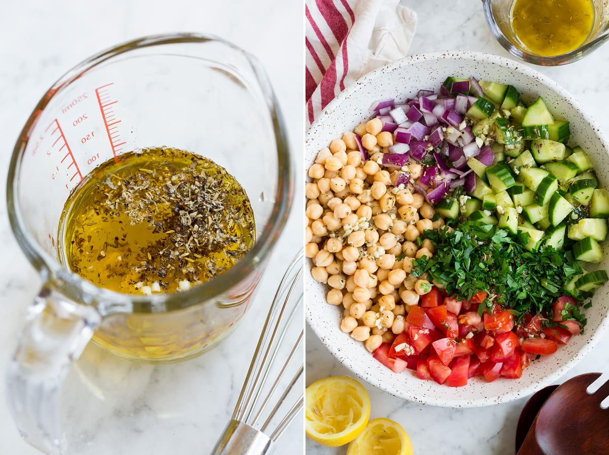 Chickpea Salad Collage of two images showing how to make dressing and chickpea salad.