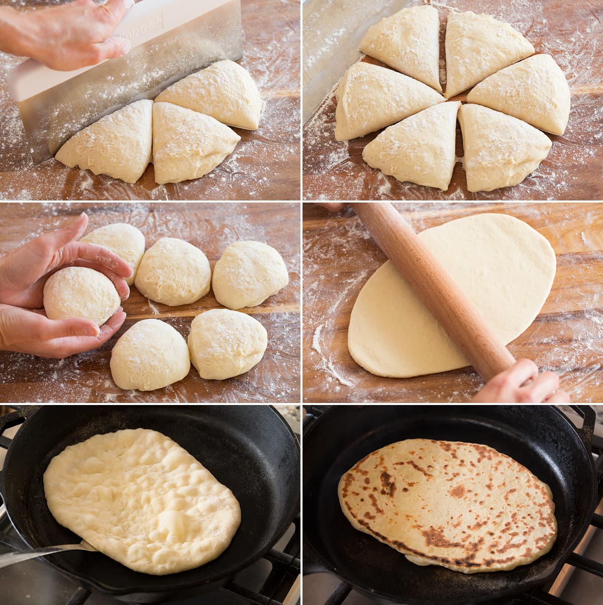 Naan Steps 13 - 18 of shaping and rolling naan dough then cooking in skillet on both sides.