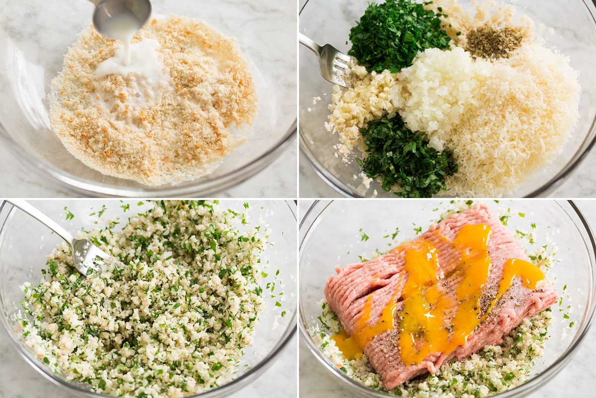 Turkey Meatballs Collage of four photos showing first for steps of mixing turkey meatball ingredients.