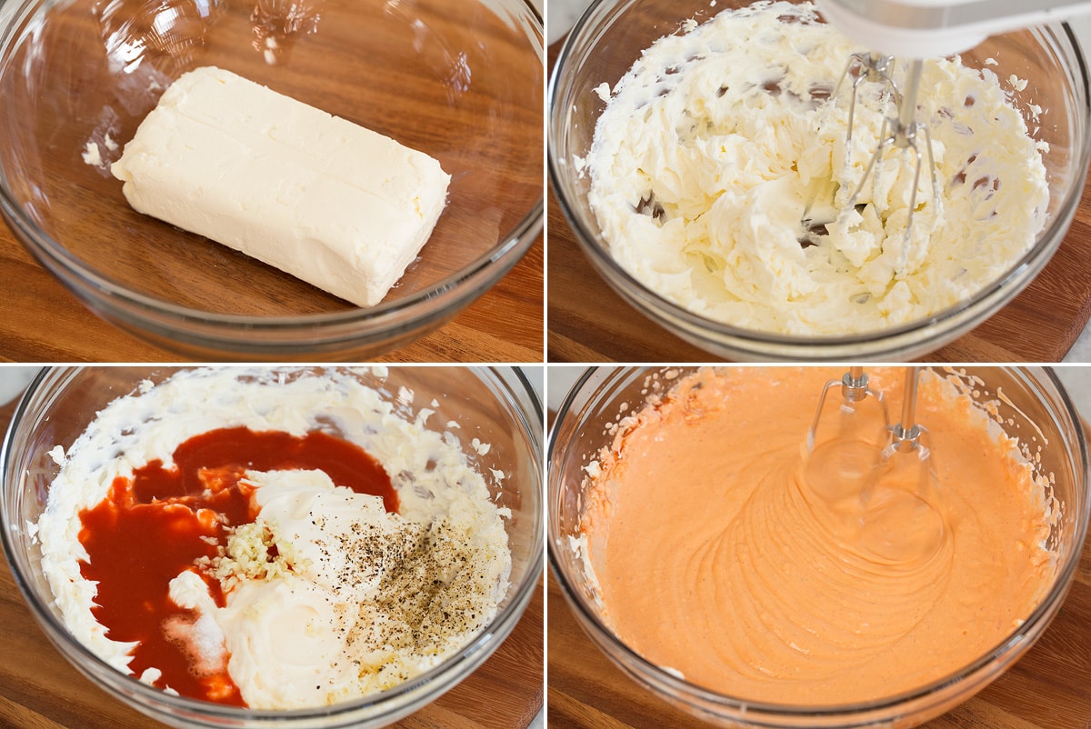 Buffalo Chicken Dip Collage of four photos showing first 4 steps of making buffalo chicken dip in bowl with mixer.